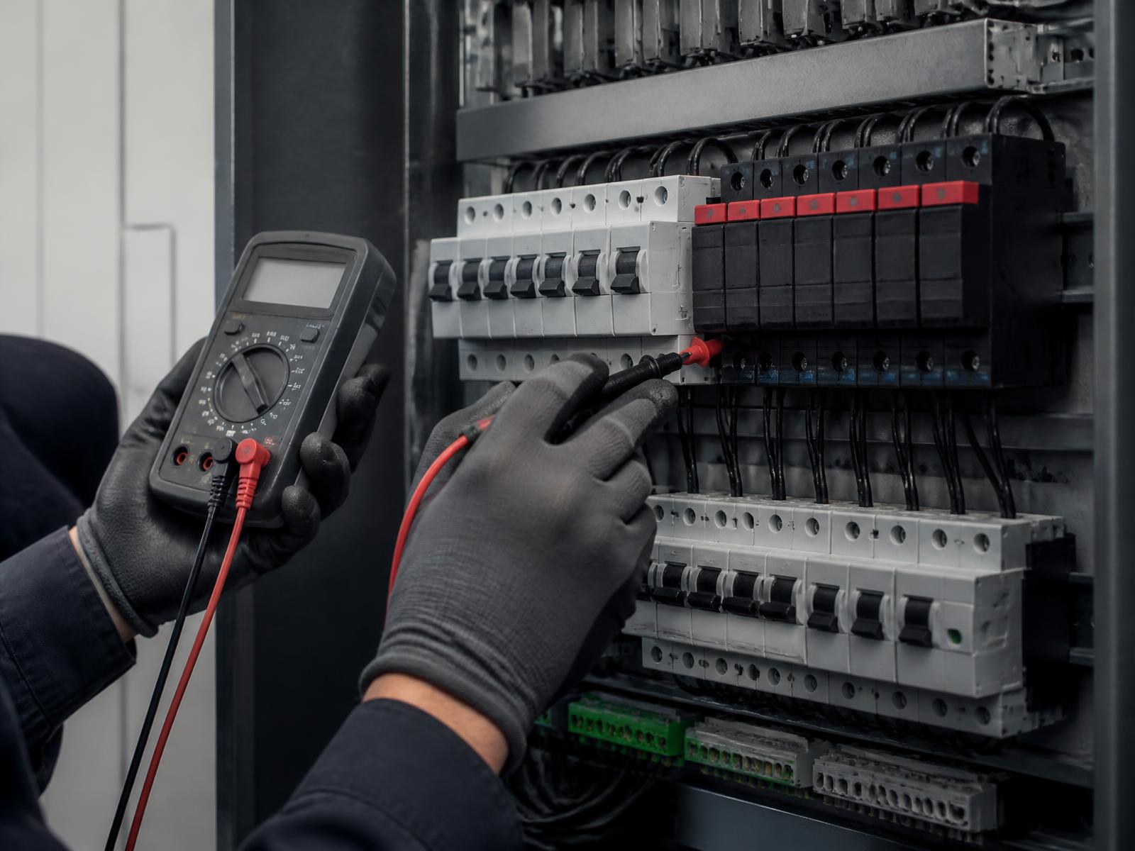 Serwisant wykonujący pomiary w rozdzielnicy elektrycznej